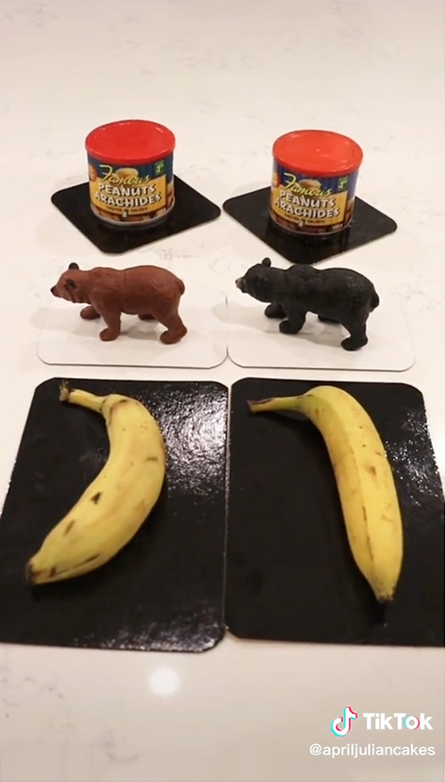 A comparison of cakes and objects that look like cans, toy bears and bananas. It is very difficulty to tell which is the object, and which one is the cake.