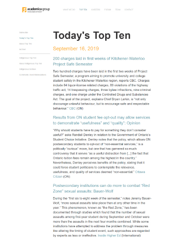 The cover of e-newsletter, Today's Top Ten.