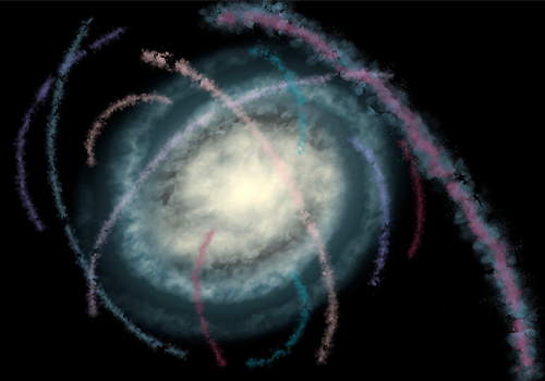 Artist’s impression of 12 stellar streams observed by S5, seen from the Galactic South Pole 