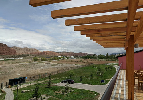 A view off a balcony from atop the University of Central Asia in Kyrgyzstan.