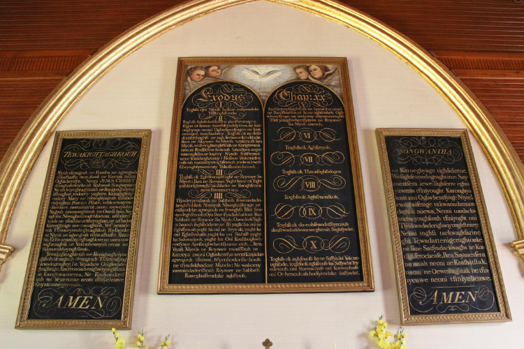 The Ten Commandments in Mohawk language on the wall of the chapel