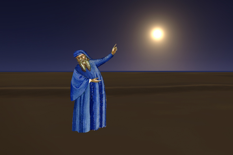 A VI image of Virgil pointing at a moon