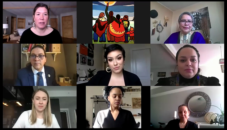 Zoom screen capture of Tash Naveau, Ojibwe Elder Whabagoon, Michael D. White, Riley Yesno, Andrea Johns, Jessie Stirling, Nenookaasi Ochrym and Julie Ann Shepard.