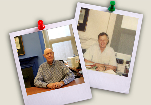  Alex Waugh sits at his Woodsworth College desk two pictures of then and now.