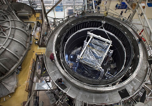 A module from the James Webb Space Telescope emerges from Goddard’s Space Environment Simulator after 116 days of exposure to a vacuum and frigid temperatures.